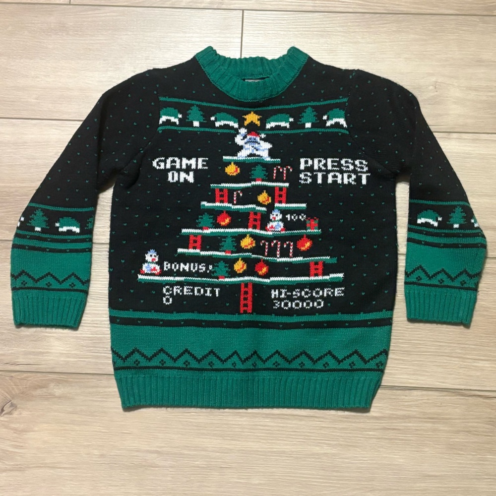 Holiday Time Black & Green Retro Arcade Crewneck Sweater
